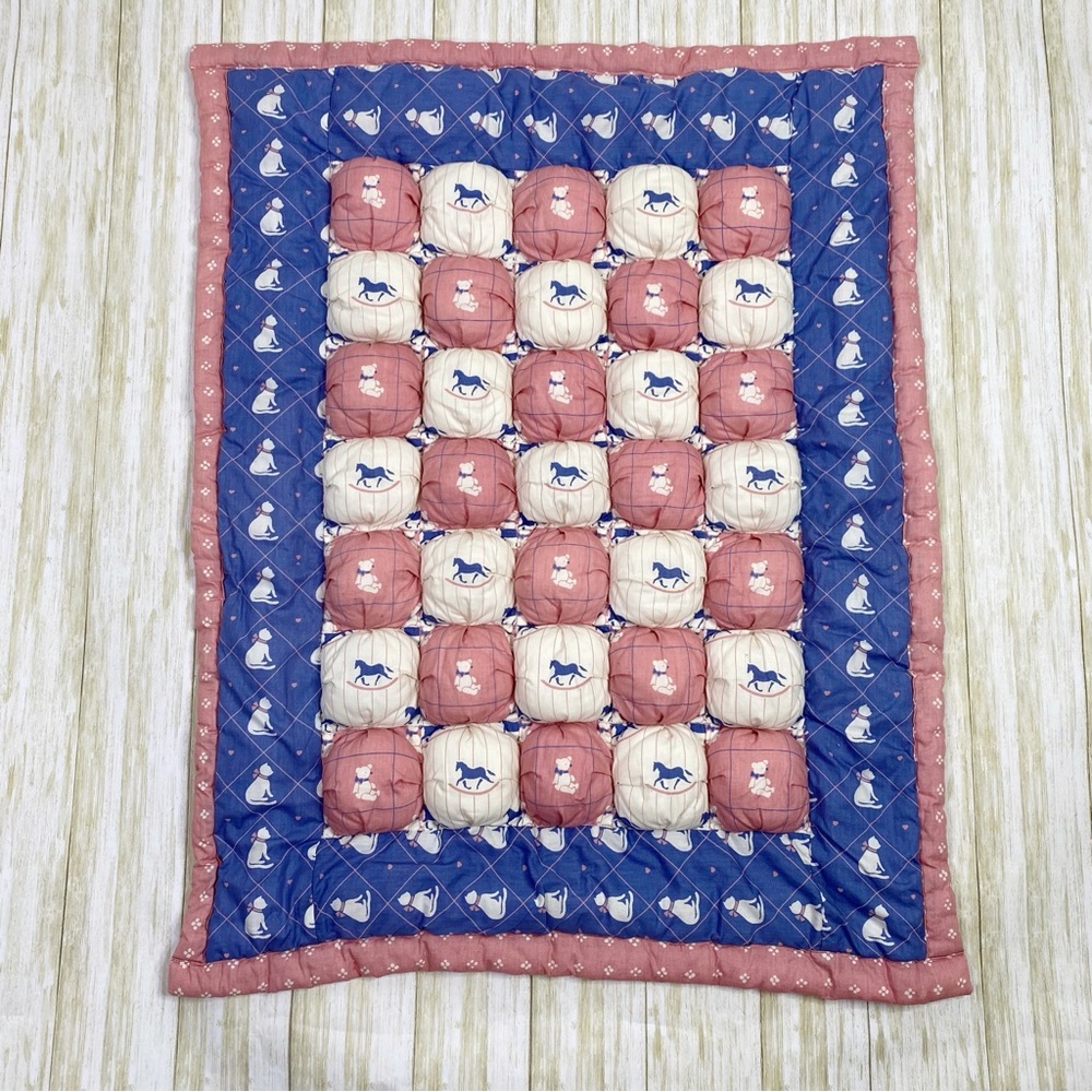 Vintage Pink & Blue Rocking Horse, Teddy Bear and Cat Puff Bubble Quilt